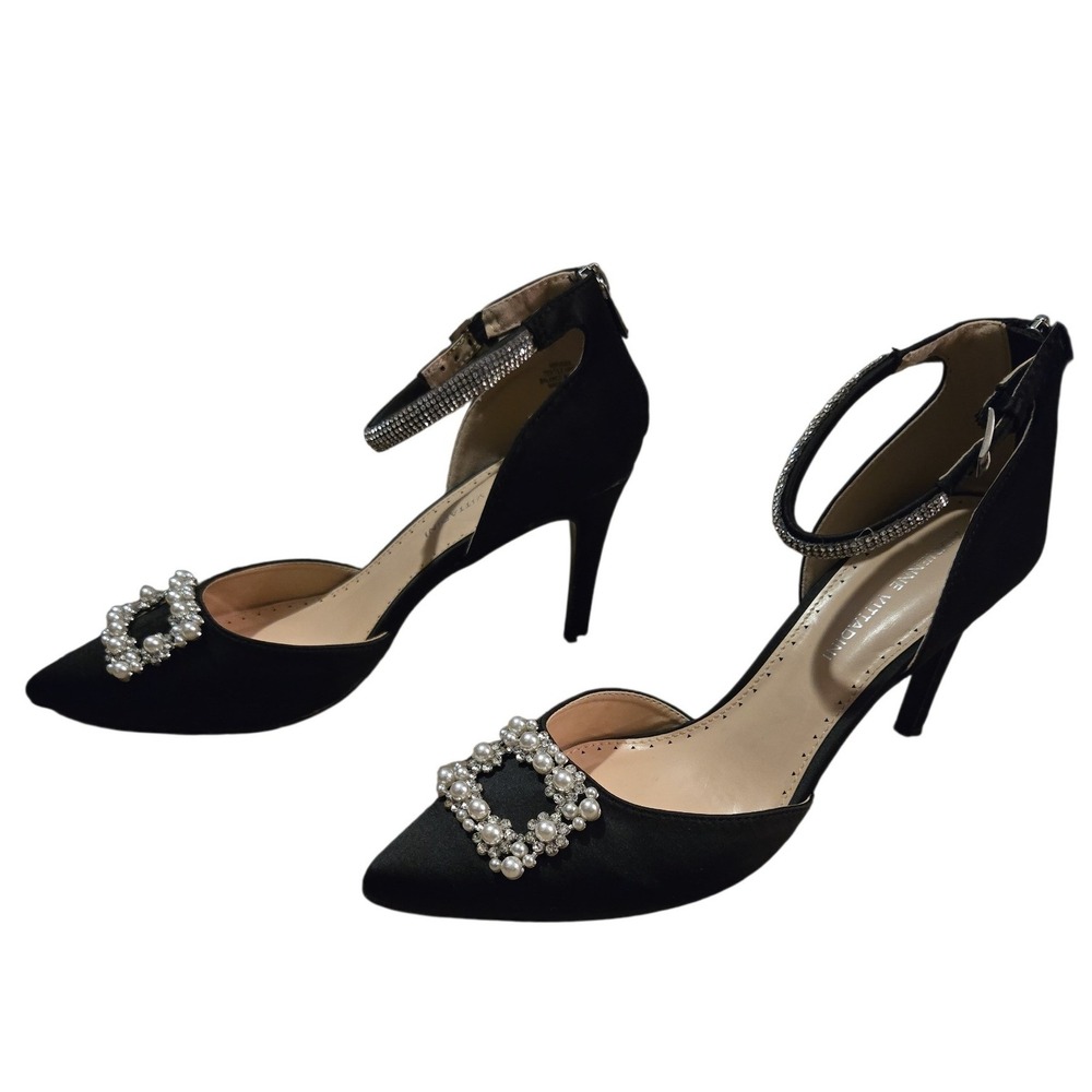 Adrienne Vittadini Nirvana Pearl Embellished Satin Heels Black‎ Pointed Toe 9.5